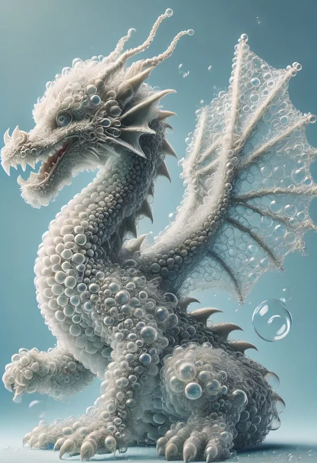 4k, realistic, fluffy hair, dragon , happy look, light blue background ,full of Soap bubbles, colorful bubbles, bright bubbles,floating,
