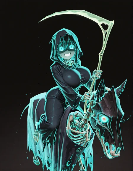 (2D,masterpiece,best quality,amazing quality, high resolution,looking at viewer,ultra-detailed,1 girl,solo,source_anime,petite,lovely,curvy,cute,huge_breasts,spooky,ghost,Simple black background),Hexwraiths,holding scythe,horseback riding,skeleton,skeleton horse,robe,hooded robe,glowing eyes,attack trail, attack, swinging weapon,Shortstack,open mouth,shaded face, scared face, yandere, smile,taut clothes,<lora:Hexwraiths:1>, <lora:ValbunStyle-IL:0.4>