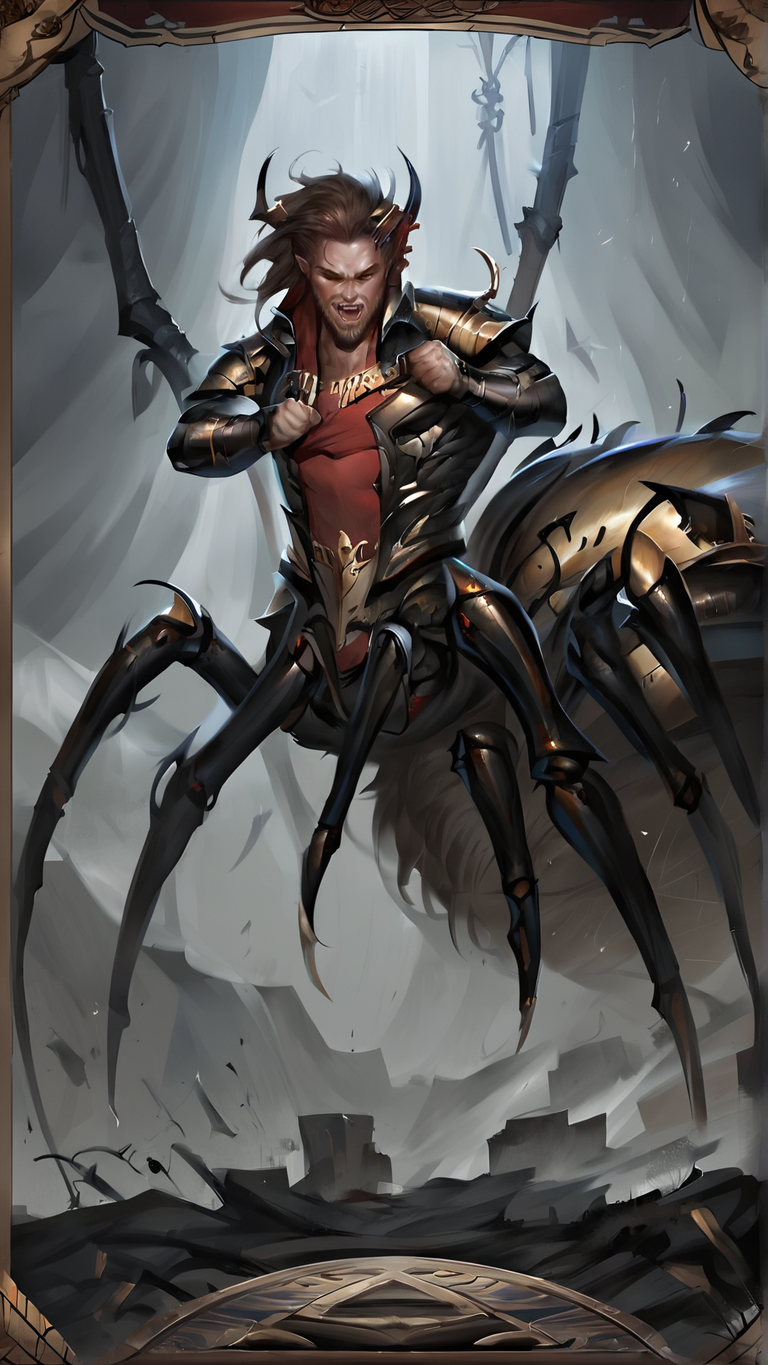 <lora:4r4chn1dPony:0.65>, score_9, score_8_up, score_7_up, score_6_up, score_5_up, score_4_up, closeup of 4r4chn1d, fantasy concept art, digital art, oil painting, realistic, detailed face, solo, arachnid, man desktop wallpaper, official_wallpaper, atmospheric, warrior, (screaming:0.6), combat stance, holding a weapon,  ash brown hair, Light skin, Low ponytail, in location abandoned amusement park, (Masterpiece:1.3) (best quality:1.2) (high quality:1.1)