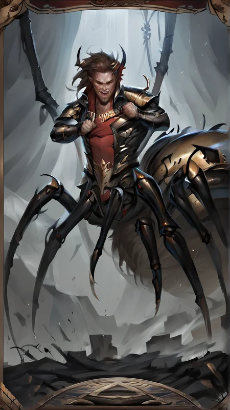 <lora:4r4chn1dPony:0.65>, score_9, score_8_up, score_7_up, score_6_up, score_5_up, score_4_up, closeup of 4r4chn1d, fantasy concept art, digital art, oil painting, realistic, detailed face, solo, arachnid, man desktop wallpaper, official_wallpaper, atmospheric, warrior, (screaming:0.6), combat stance, holding a weapon, ash brown hair, Light skin, Low ponytail, in location abandoned amusement park, (Masterpiece:1.3) (best quality:1.2) (high quality:1.1)