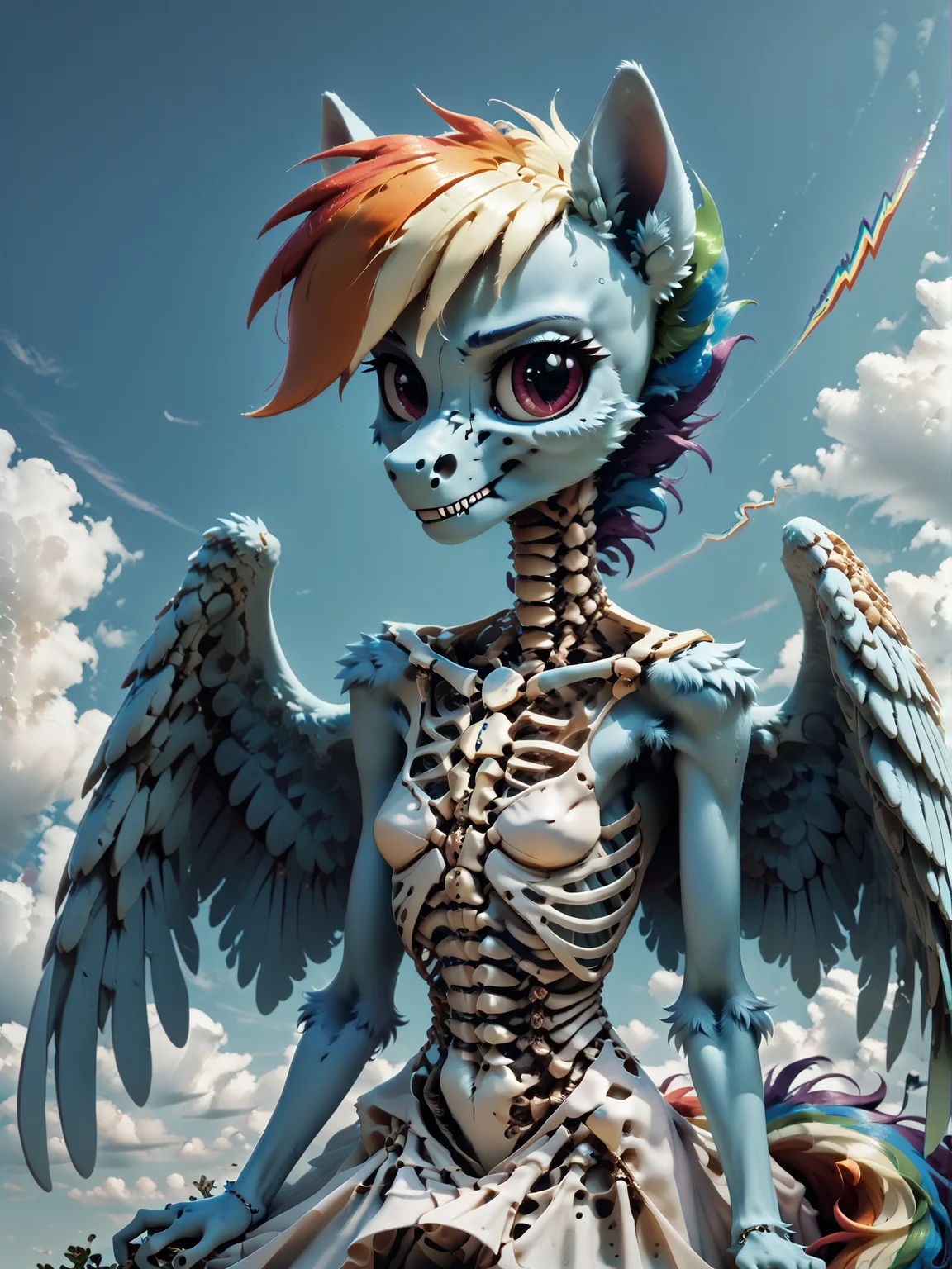 score_9, score_8_up, score_7_up, score_6_up, 1 girl, portrait, Rainbow Dash \(mlp\), anthro pony, tail, wings, dress, boneswm, <lora:Bones_World_Morph:1.2>, <lora:Anime Summer Days 2 Style SDXL_LoRA_Pony Diffusion V6 XL:0.5> <lora:Realistic000003_1_2.5DAnime_0.05_Merge1:0.5> <lora:MegaFluffyPony:0.5> MegaFluffyPony, furry, fluffy