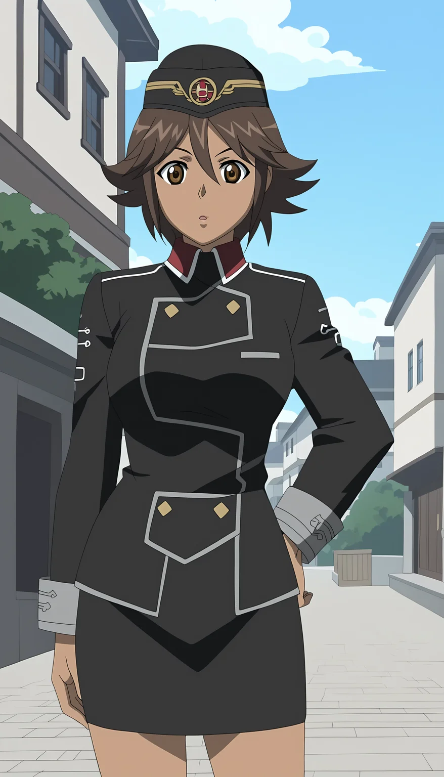 score_9, source_anime BREAK, oldest, anime screencap, outdoors, town, day, pose, <lora:CelicaYayoi(Pony)-6:1>CelicaYayoi, 1girl, solo, short hair, brown hair, hat, jewelry, buttons, yellow buttons, uniform, military uniform, multicolored uniform, collared uniform, long sleeves, dark skin, dark-skinned female, looking at viewer, black uniform, pencil skirt,