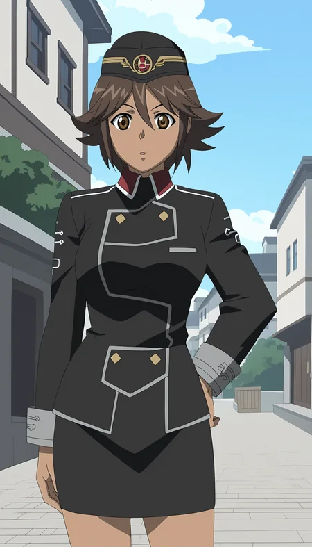 score_9, source_anime BREAK, oldest, anime screencap, outdoors, town, day, pose, <lora:CelicaYayoi(Pony)-6:1>CelicaYayoi, 1girl, solo, short hair, brown hair, hat, jewelry, buttons, yellow buttons, uniform, military uniform, multicolored uniform, collared uniform, long sleeves, dark skin, dark-skinned female, looking at viewer, black uniform, pencil skirt,
