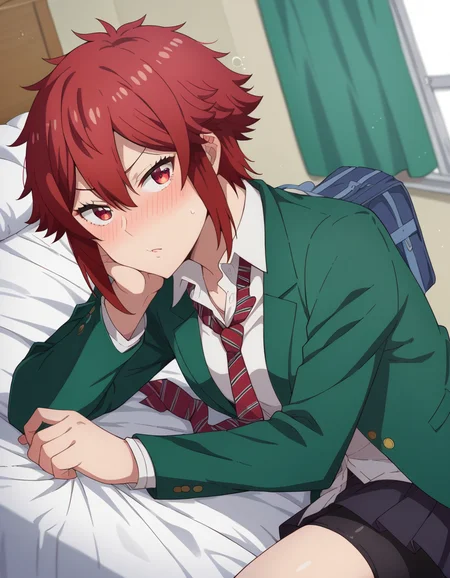 score_9, score_8_up, score_7_up, source_anime,
tomoaizawa, <lora:tomo-aizawa-ponyxl-lora-nochekaiser:1>,
tomo aizawa, short hair, red eyes, hair between eyes, red hair,
skirt, shirt, school uniform, jacket, white shirt, pleated skirt, necktie, striped, black skirt, blazer, red necktie, school bag, green jacket, striped necktie, green blazer, bike shorts,
indoors, bed, bed room, on side, blush, drunk,
looking at viewer, dutch angle, cowboy shot,