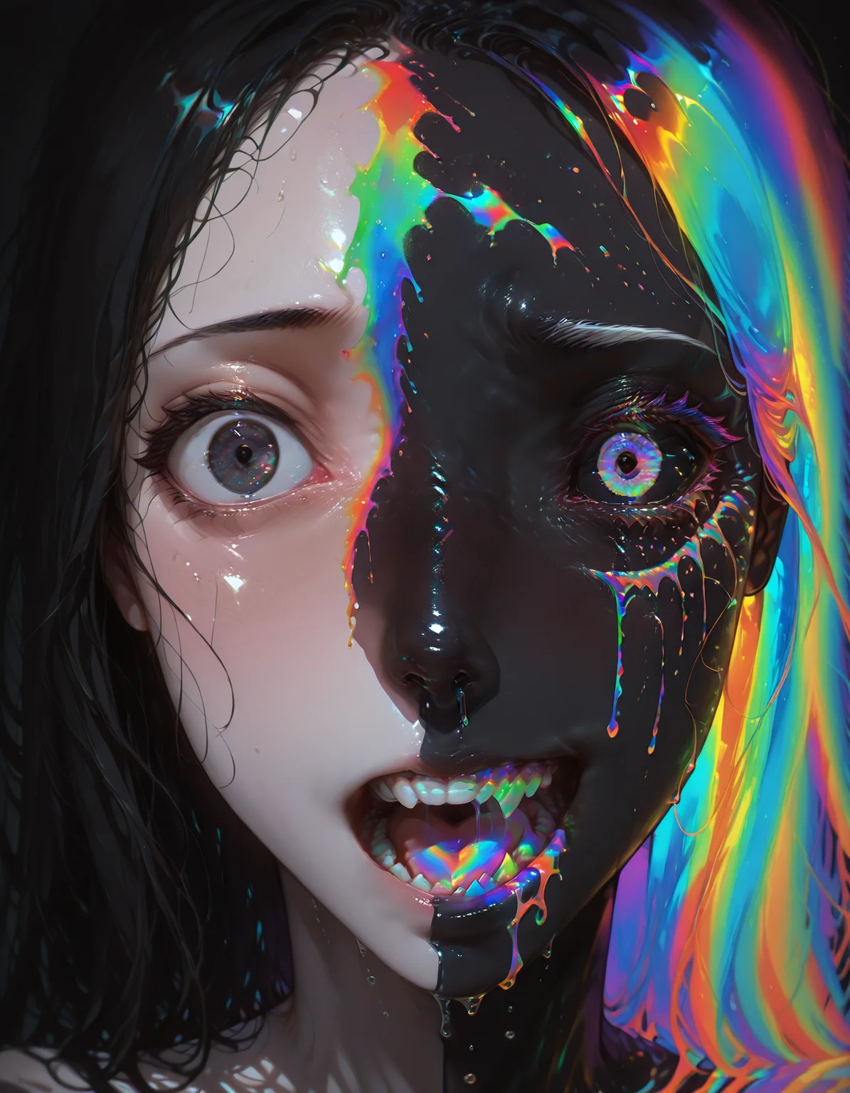 1girl, face,solo, straight-on,close up,portrait, dark
,ADDBASE,
beautiful face, detailed, cute, big eye,simple background,black hair,fair skin, dull,dull colors,worried,scared
,ADDCOL,
(split image,split screen:1),simple background,black hair,fair skin, worried,scared, shocked, blushing,(rainbow paint splatter)
,ADDCOL,
qxys, thermal, bright colors, black background, colored tears,crying,colored pupil, black sclera,(black skin, dark skin),reflective hair,v-shaped eyebrows,rainbow gradient eyes,colorful eyelashes,white eyebrow,(facepaint),rainbow paint splatter,crazy
,ADDROW,
beautiful face, detailed,(worried,scared, shocked, blushing),simple background,black hair,open mouth,pale skin, white teeth
,ADDCOL,
qxys, thermal, (split image,split screen:1),drooling, rainbow saliva, rainbow mouth, colorful sharp teeth,black skin, dark skin,huge reflective fangs,worried,scared, shocked
,ADDCOL,
qxys, thermal, bright colors, black background, colorful sharp teeth, open mouth, happy,(black skin, dark skin),grin,colored drooling,saliva,colored drool in mouth,reflective hair,rainbow lipstick,facepaint,colorful fangs,crazy
, <lora:ThermalSwirlsILL:0.6> <lora:holographiccolor:0.8> <lora:DarkerThanBlackIllustrious:0.8>