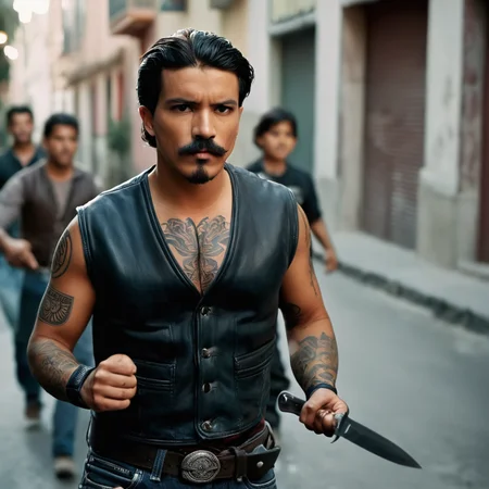 cinematic film still of <lora:perfection style:0.5> <lora:detailed:0.5> perfection detailed
<lora:Rodriguez's Mexico Trilogy film style:1>
In the United Mexican States Navajas a man with a tattoo on his chest and a leather vest full of small throwing knives,black hair,1boy,male focus,multiple boys,belt,pants,vest,tattoo,facial hair,denim,realistic,mustache , cinematic, film, kodak, Rodriguez's Mexico Trilogy film style, shallow depth of field, vignette, highly detailed, high budget, bokeh, cinemascope, moody, epic, gorgeous, film grain, grainy