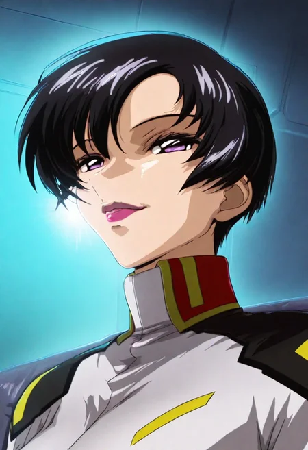 1girl, Natarle Badgiruel \(Gundam SEED\),, adult woman, masterpiece, military uniform, black hair, short hair, luscious lips, lipstick, smile, large breasts, portrait, colored eyelashes, backlighting, purple eyes, goddess, glossy skin, ,hires,best quality, very aesthetic,absurdres,score_9, score_8_up, score_7_up, score_6_up, score_5_up, score_4_up, (hyper extreme detailed), (hyper quality), game CG, (colour:1.2),(from side:0.7)