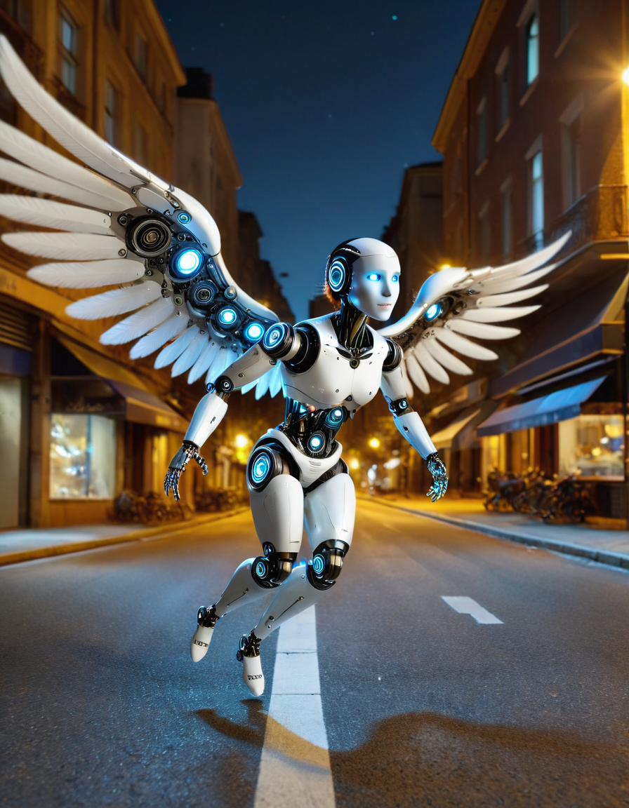 robotlora, angel, 1girl, robot, flying trough empty street at night