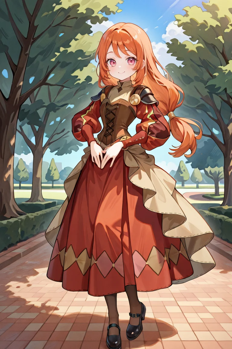<lora:MonicaIL:0.8> , MoniDef, 1girl, pink eyes, long hair, orange hair, low-tied long hair, juliet sleeves, shoulder pads, patchwork clothes, layered dress, corset, beige undershirt, brown corset, long skirt, red skirt, waist cape, beige waist cape, long sleeves, pantyhose, mary janes, black shoes red sleeves, yellow juliet sleeves, full body, smile, day, ((perfect hands)), looking at viewer, park, beige shirt masterpiece, very aesthetic, absurdres, best quality, amazing quality, high resolution, detailed background, <lora:illustrious_quality_modifiers_masterpieces_v1:0.8> , <lora:ChamIllustriousBackgroundEnhancer:0.5>,