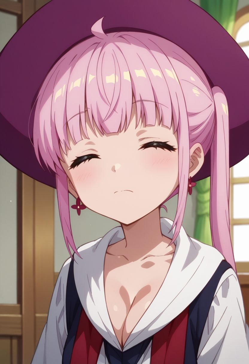 score_9_up, score_8_up, score_7_up, anime screenshot, 
kazairokotone, upper body, earrings, closed mouth, indoors, hat, cleavage, looking at viewer, closed eyes, twintails
