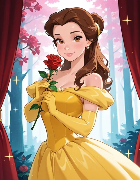 masterpiece, best quality, amazing quality, very aesthetic, absurdres, newest, detailed background, cowboy shot, 4k, 8k, forest, cherry tree,
bellexd, 1girl, dress, brown eyes, flower, brown hair, yellow dress, solo, rose, earrings, long hair, hairbun, gloves, holding flower, holding, jewelry, elbow gloves, curtains, sparkle, bare shoulders, smile, off-shoulder dress, red flower, off shoulder, looking at viewer,
<lora:Bella:1>