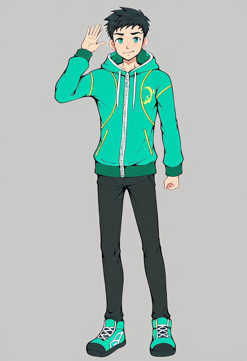 harmard, black hair, short hair, aqua color eyes, 1boy, solo, solo focus, jacket, black pants, young, mikkoukun