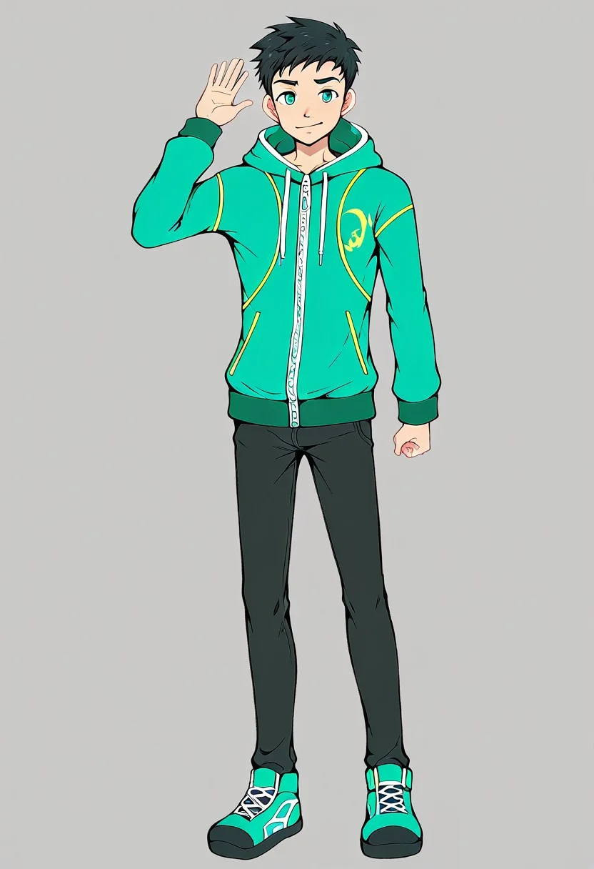 harmard, black hair, short hair, aqua color eyes, 1boy, solo, solo focus, jacket, black pants, young, mikkoukun