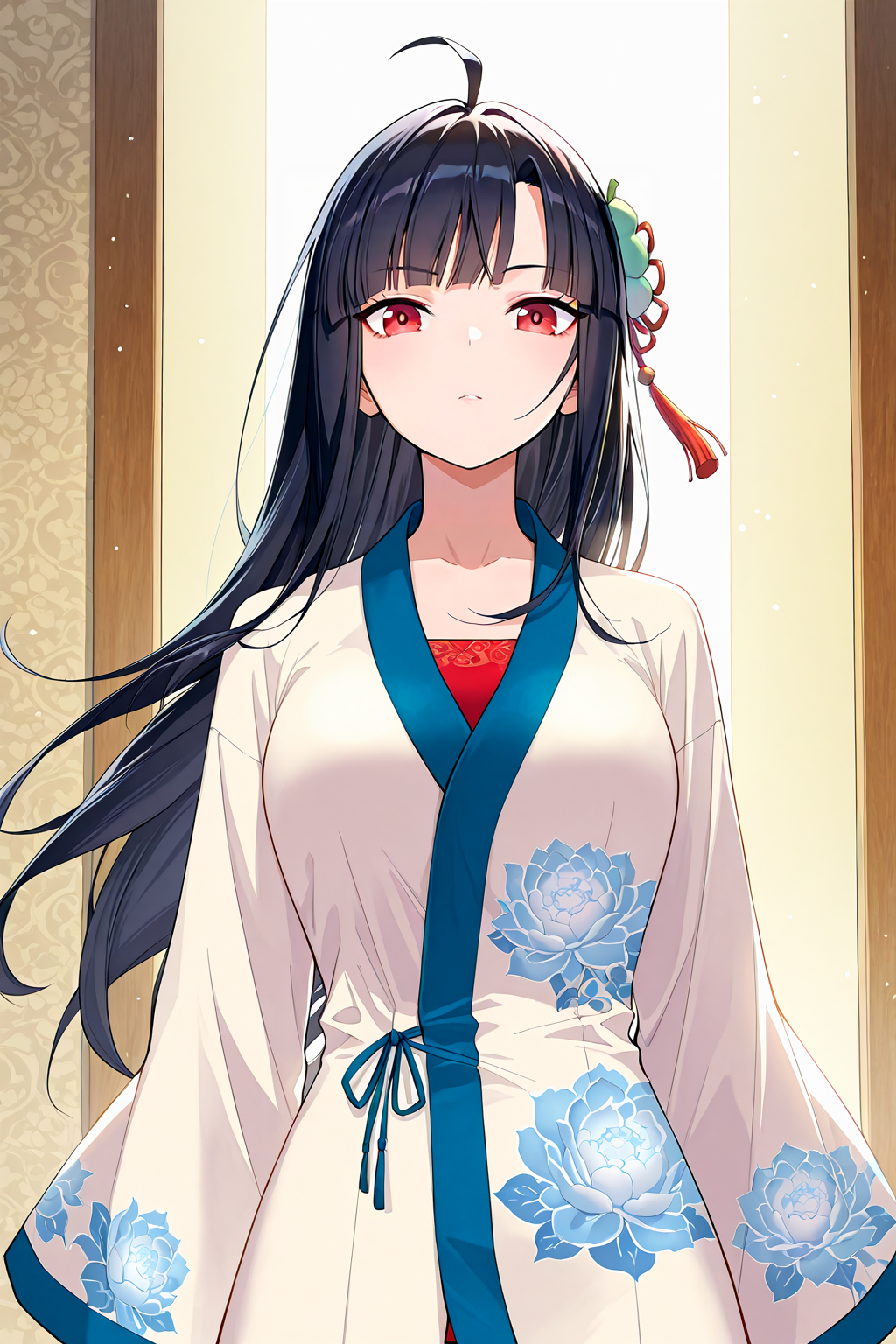 front view,
1girl,upper body,looking at viewer,office lady,
Best quality,masterpiece,soft light,official art,high quality,highres,absurdres,epic scene,natural textures,<lora:Huang Xiaoyan IL V2:1>,huang xiaoyan,red eyes,long hair,black hair,parted bangs,hair ornament,ahoge,white and blue robe,red underwear,chinese clothes,