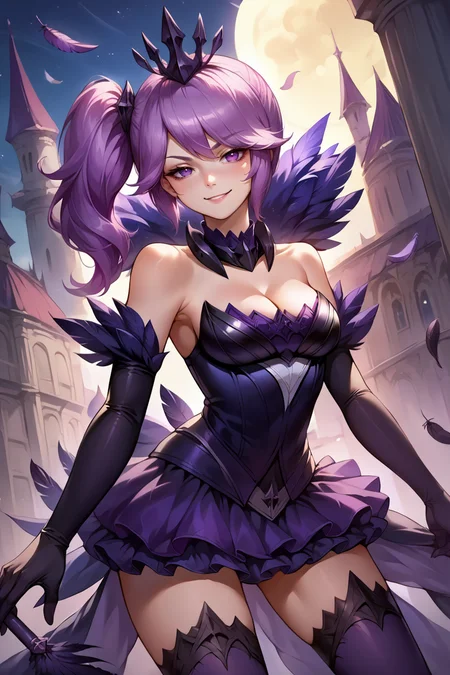 score_9, score_8_up, score_7_up, score_6_up, source_anime, 1girl, solo, <lora:lux-pdxl-nvwls-v1-000005:1> drkLux, purple hair, purple eyes, side ponytail, crown, detached collar, feather trim, purple ballgown, cleavage, black gloves, purple thighhighs, smirk, night sky, gothic architecture, looking at you