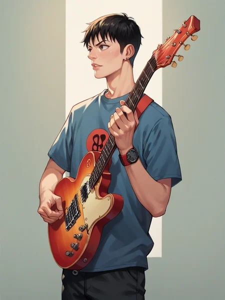score_9, score_8_up, score_7_up, score_6_up, score_5_up, <lora:b3ckXLP:1> b3ck, 1boy, guitar