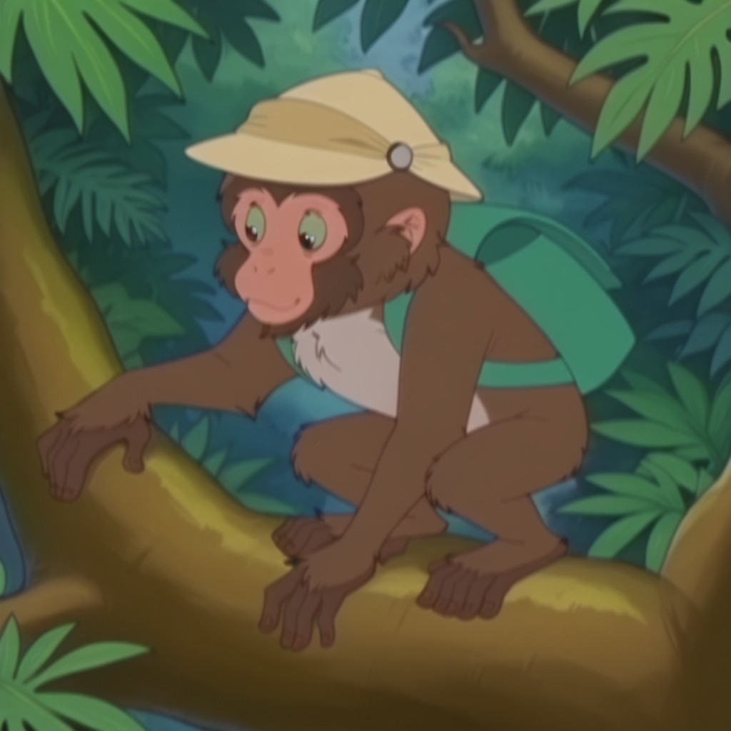 masterpiece, best quality, amazing quality,  MitziLBil, feral, female, monkey, brown fur, green sclera, black eyes, full body, in a jungle, in a tree, tan hat, green backpack,