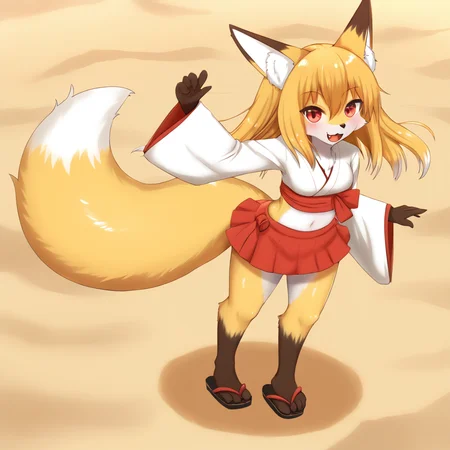 <lora:nioalpha-05:1>, nioalpha, furry female, brown fur, yellow fur, white fur, fox ears, fox girl, smile, fang, red eyes, japanese clothes, short skirt, sandals, beach, standing
