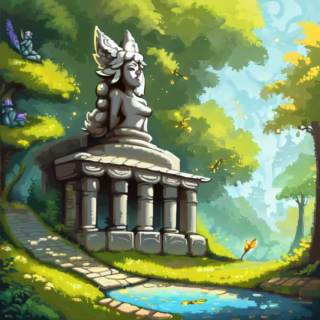 overgrown stone statue of ioxl, humanoid, fantasy, dim moonlight, 1girl, solo, <lora:Io-11PLDXL:1.0>, ioxl, twin braids, fox tail, fox ears, antlers, wild forest, chiaroscuro, ivy, still life, fireflies, cobblestone,