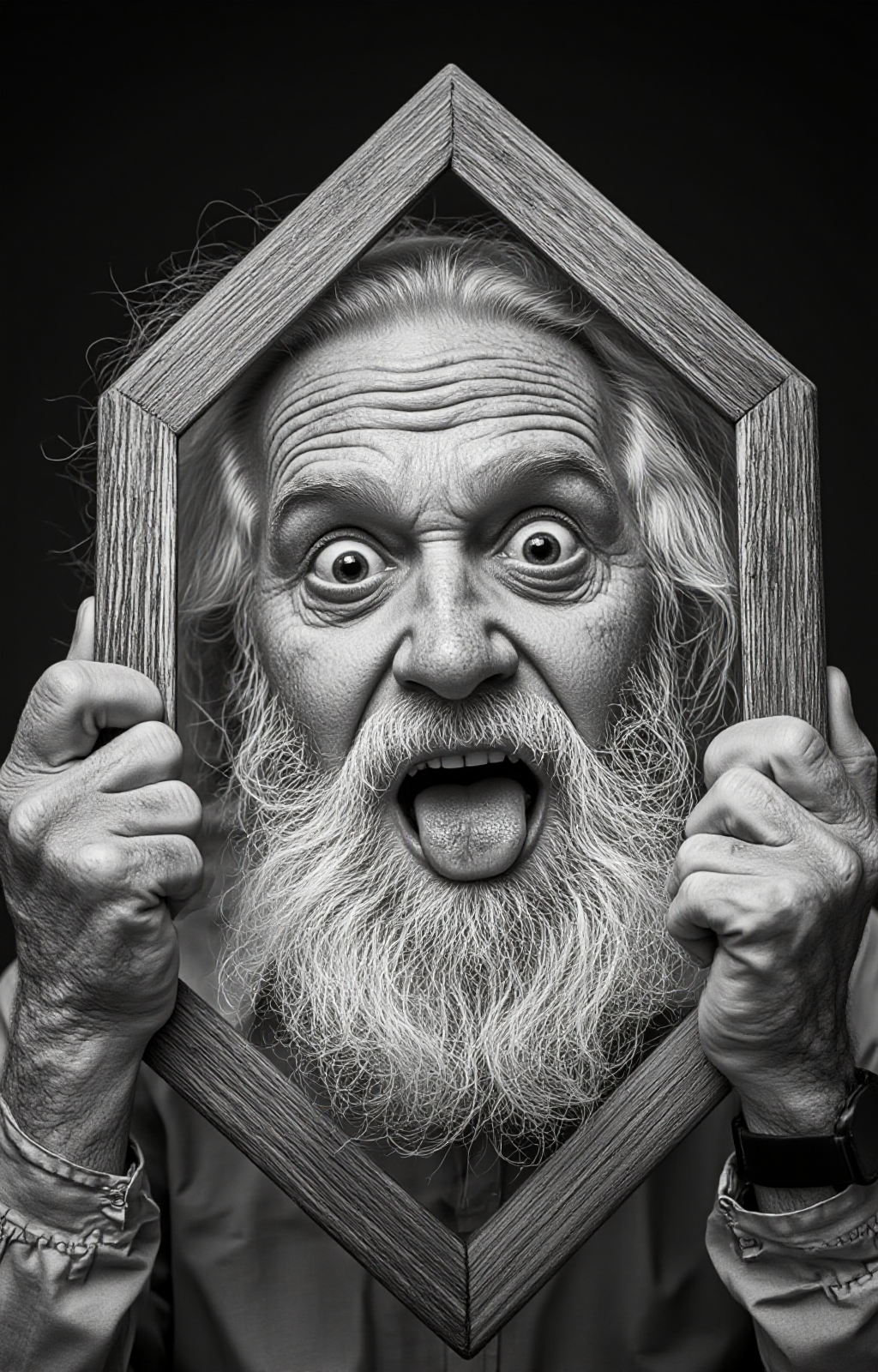 black-and-white photograph features an elderly man with a strikingly expressive face and a full, white beard. His eyes are wide open, and his mouth is open in an exaggerated, comical expression, with his tongue sticking out. He is holding a diamond-shaped wooden picture frame in front of his face, creating a frame within a frame effect. The man's skin is wrinkled, with deep lines and creases, indicating advanced age. His hair is long and white, flowing down to his shoulders. He is dressed in a long-sleeved shirt, which is slightly wrinkled, adding to the rustic, vintage feel of the image. The background is completely dark, focusing all attention on the man and the frame, which is detailed with a textured, aged appearance. The photograph is high-contrast, emphasizing the textures and details of the man's face and the frame. The overall mood of the image is whimsical and playful, with a touch of nostalgia due to the vintage style and the man's age., <lora:aidmaImageUpraderv0.3:0.4>, aidmaimageupgrader, <lora:diffusion_pytorch_model:1>, <lora:aidmaMJ6.1_v0.5_3:0.7>, aidmaMJ6.1, ultra quality, ultra detailed, intricate details