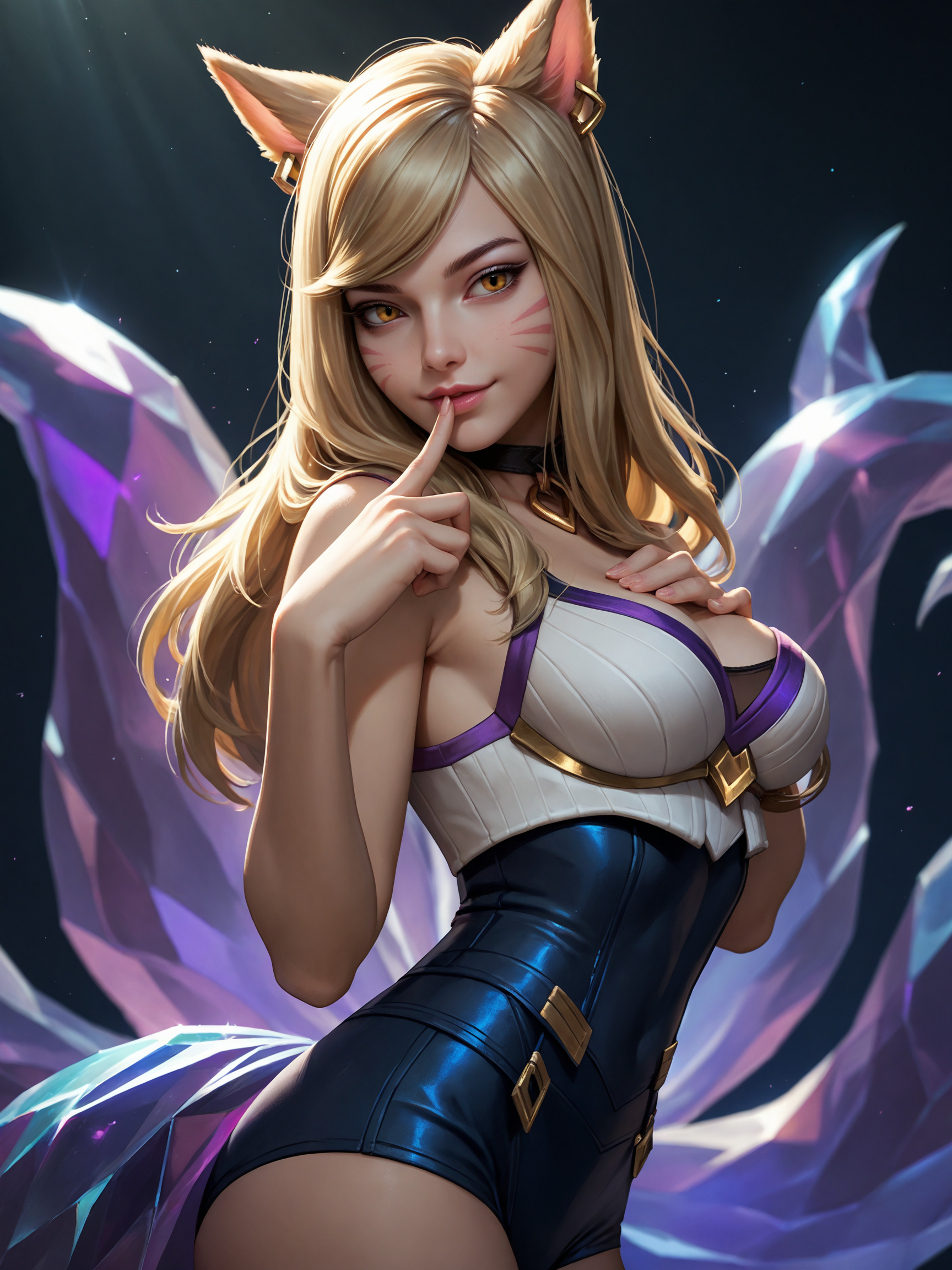score_9, score_8_up, score_7_up, score_6_up, score_5_up, score_4_up, realistic,
1girl, ahri <lora:kda_ahri_(lol)-PD-1.0:1>,
perfect lighting, well lit,
from side, multiple tails, looking at viewer, contrapposto, finger to mouth, cowboy shot