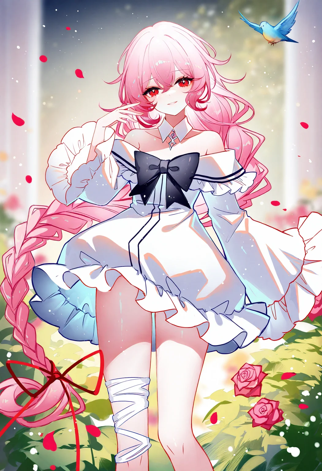 1girl, pink hair, dress, rose, solo, braid, flower, long hair, red eyes, white dress, bandaged leg, black bow, off-shoulder dress, looking at viewer, pink flower, off shoulder, frills, single braid, bow, bare shoulders, long sleeves, detached collar, bird, petals, ribbon, hand up, hair between eyes, very long hair, red ribbon, sleeves past wrists, bandages, pink rose, feet out of frame, red rose, standing, collar, frilled sleeves, red flower, smile, wide sleeves, black bowtie, white collar, frilled dress, plant, parted lips,
masterpiece,best quality,newest,absurdres,highres,very awa,<lora:sheya1_noob1.1-000198:0.8>,