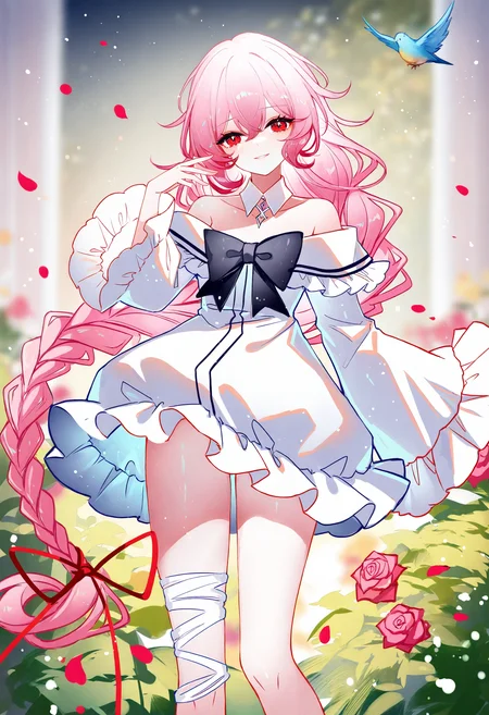 1girl, pink hair, dress, rose, solo, braid, flower, long hair, red eyes, white dress, bandaged leg, black bow, off-shoulder dress, looking at viewer, pink flower, off shoulder, frills, single braid, bow, bare shoulders, long sleeves, detached collar, bird, petals, ribbon, hand up, hair between eyes, very long hair, red ribbon, sleeves past wrists, bandages, pink rose, feet out of frame, red rose, standing, collar, frilled sleeves, red flower, smile, wide sleeves, black bowtie, white collar, frilled dress, plant, parted lips,
masterpiece,best quality,newest,absurdres,highres,very awa,<lora:sheya1_noob1.1-000198:0.8>,