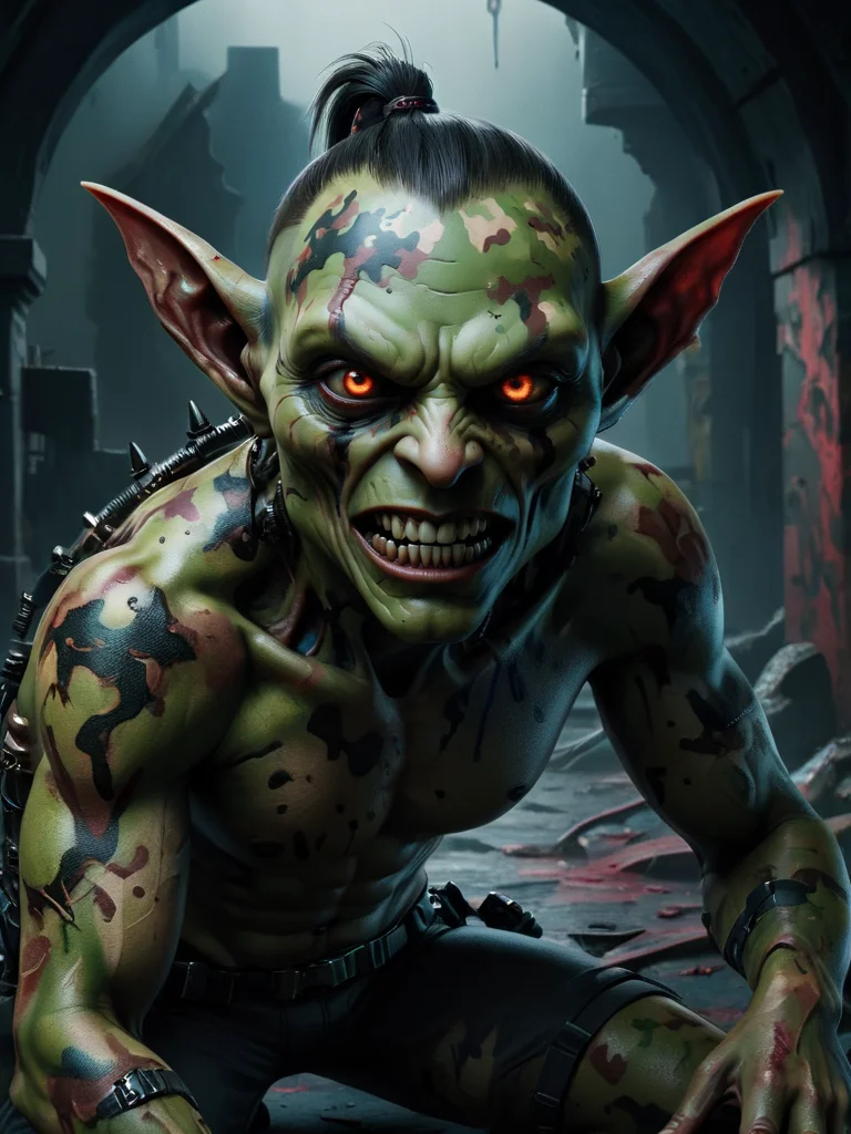 Close-up, Wild Goblin standing in front of a dark mural, creepy landscape, gothic ral-camo cyberpunk style, darkness, shadows, insanely complex and detailed, 8k, best quality, masterpiece, 4k uhd, cgi, unreal engine, chaos, vicious and suffocating horror, darkness, irrevocably addictive and bewitching abyss of sinful hell, Style by Gabriele Dell'otto, AI Midjourney, bright saturated colors, watercolor, oil paints, HDR, 500px, 4k, <lora:ral-camo-sdxl:1>