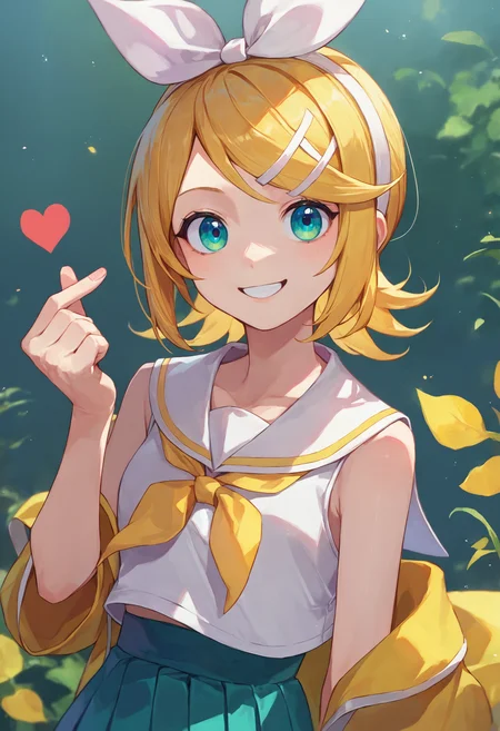 score_9, score_8_up, score_7_up, source_anime, 1girl finger heart, kagamine rin, serafuku, sleeveless, light smile, white ribbon
<lora:finger_heart_korean_retry_1:1>