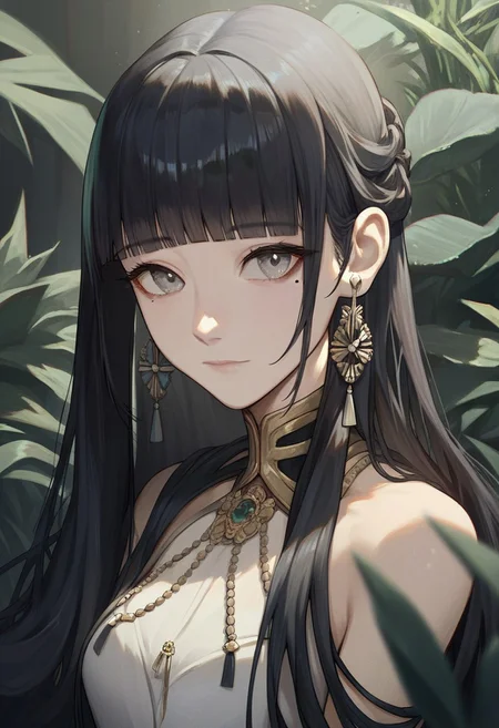 score_9, score_8_up, score_7_up, SLVTK, 1girl, solo, black hair, looking at viewer, mole under eye, jewelry, earrings, bangs, mole, blunt bangs, long hair, plant, closed mouth, upper body, grey eyes