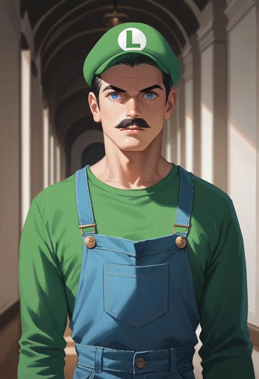 source_painting,score_9, score_8_up, score_7_up, score_6_up, 1boy,solo,Luigi,44 years old, blue overalls, long sleeve green shirt, white gloves, tall, slim, skinny,, black mustache, blue eyes,large nose, long face, green fiddler's cap,white gloves,
haunted mansion, hallway,worried facial expression,,up close,close up,