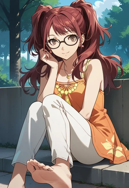 score_9, score_8_up, score_7_up, (source_anime), 1 girl, solo, nsfw, cute face,
p4rise, kujikawa rise, twintails, long hair, red hair, brown eyes, earrings, 
p4risesummer, kujikawa rise, dress, orange dress, capri pants, tan pants, casual, glasses, (feet, soles),
sitting, smile,
park, pavillion,
masterpiece, best quality, ultra detailed, absurdres, very aesthetic