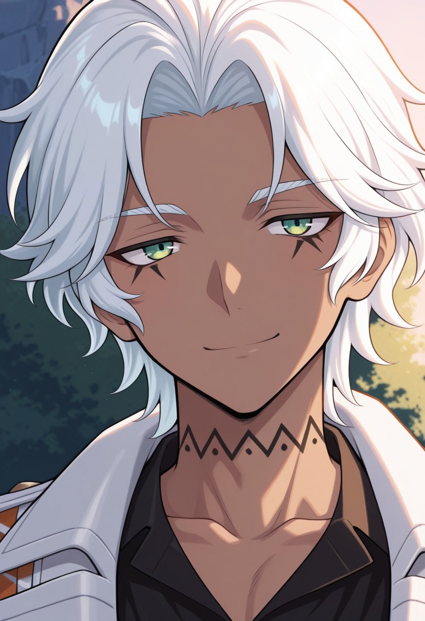 masterpiece,best quality,amazing quality, source_anime,
ifagimpa, 1boy, male focus, solo, dark skin, dark-skinned male, green eyes, white hair,neck tattoo, collarbone, shirt, black shirt, coat, white coat, portrait, smile, outdoor,
