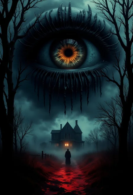 A dark fantasy, surreal horror composition featuring a large, sinister eye with detailed irises hovering over a haunted house. The scene is awash in blood red splatters and dripping textures, creating an eerie, nightmarish atmosphere. The background features twisted, shadowy trees and fog, shrouding a creepy old house with flickering lights. A lone figure stands in the distance, shrouded in fog, adding to the sense of mystery and dread. The overall color palette features deep reds, blacks and cool blues, with intricate shadows and texture details mixing horror and surrealism,  aidmaHalloweenBoost, potrait, novuschroma