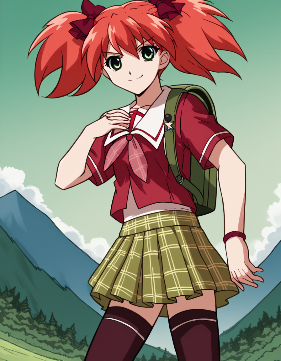 score_9, score_8_up, score_7_up, source_anime, <lora:kokoa-shuzen-s2-ponyxl-lora-nochekaiser:1>, kokoa shuzen, twintails, green eyes, red hair, hair bow, short hair,, skirt, thighhighs, school uniform, black thighhighs, plaid, serafuku, red shirt, short sleeves,, mountain trail, hiking, nature, backpack, adventure, fresh air, smile, <lora:gendou-pose-ponyxl-lora-nochekaiser:1>, gendou pose, own hands clasped, own hands together, parody,, looking at viewer, solo,, dutch angle, cowboy shot