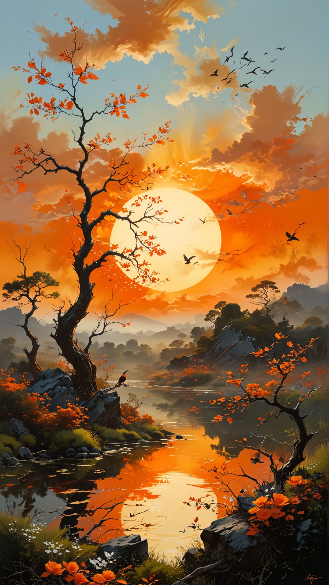 small centered composition, product shot, plain background, art by Lorenz Hideyoshi, wallpaper art, in the center is an image of a In the center of a canvas, a majestic arcane stands tall and proud. The sun is setting, casting an orange glow over the landscape. A group of birds perch on the branches of the trees, Wide view, Contemporary art, mixed media painting, abstract expressionism, experimental techniques, dynamic compositions, romantic, dynamic cinematic perfect background, grand illumination, lush, contemporary fine detail, original 
(masterpiece, award winning artwork)
many details, extreme detailed, full of details,
Wide range of colors, high Dynamic
 <lora:xl_more_art-full_v1:0.48> 
 <lora:add-detail-xl:0.9> <lora:SDXLFaeTastic2400:0.3>
 <lora:MJ52:0.32>
