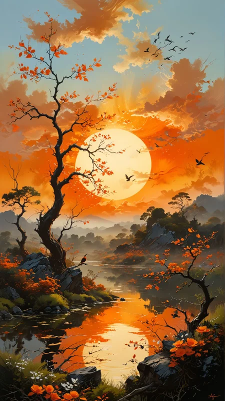 small centered composition, product shot, plain background, art by Lorenz Hideyoshi, wallpaper art, in the center is an image of a In the center of a canvas, a majestic arcane stands tall and proud. The sun is setting, casting an orange glow over the landscape. A group of birds perch on the branches of the trees, Wide view, Contemporary art, mixed media painting, abstract expressionism, experimental techniques, dynamic compositions, romantic, dynamic cinematic perfect background, grand illumination, lush, contemporary fine detail, original 
(masterpiece, award winning artwork)
many details, extreme detailed, full of details,
Wide range of colors, high Dynamic
 <lora:xl_more_art-full_v1:0.48> 
 <lora:add-detail-xl:0.9> <lora:SDXLFaeTastic2400:0.3>
 <lora:MJ52:0.32>