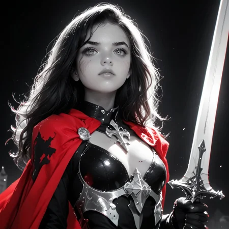 masterpiece, best quality, highres, realistic, best quality,
score_9, score_8_up, score_7_up, 
BREAK,
1 girl, (wearing leather armour:1.2), knight, ((holding long sword:1.4)),
BREAK,
1 girl, castle, battlefield, ((wearing leather armour, warrior princess, stand with a sword, beaten, ripped leather)), 19 years old, long hair, windswept cape, brown wavy hair, middle breasts, slim waist, curvy body, cute, (long sword, small breasts), close-up, amazing, very aesthetic, pretty girl, determined, 
BREAK,
(boob focus, head and shoulder photography:1.1), (portrait photography:0.7), dark background, dark light, shallow depth of field, photographed on a Sony a9 II, 50mm wide angle lens, sharp focus, photo in phst artstyle, boris vallejo inspired, backlit, (((selective color red, colorvsgrey, monochrome photography, red cape, selectiveColorStyle))), (1colorpop, dramatic lighting), horror theme, freckles, mole, dirty skin,