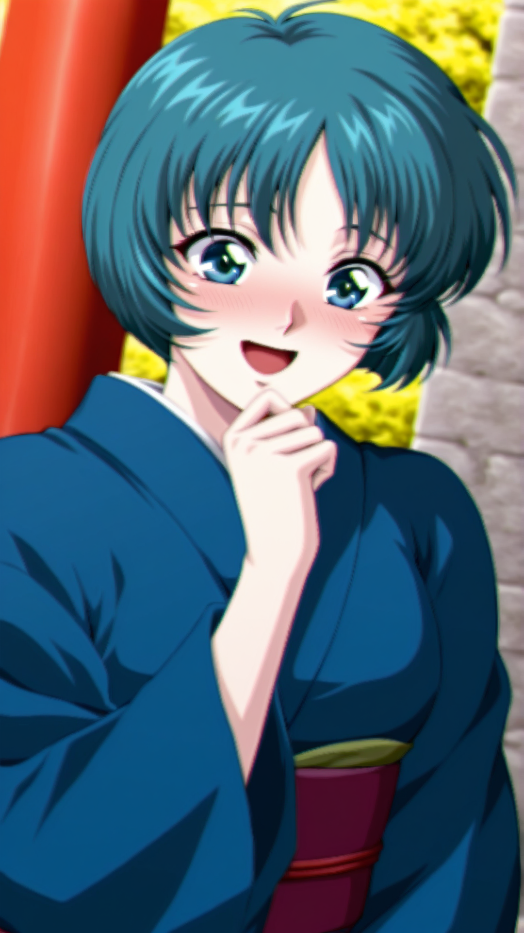 source_anime, general, best quality, masterpiece, 1girl,  <lora:Elis_Radius_ill_v1.0:1> elis_radius\(srw\),green eyes, green hair , short hair,aqua hair, blue hair, blue eyes,Japanese Kimono, happy, (embarrassed:0.9),  dutch angle, dynamic pose,