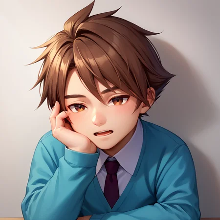 score_9,score_8_up,score_7_up,score_6_up,score_5_up,score_4_up BREAK hokuto kusanagi,1boy,solo,male focus,open mouth,necktie,blue shirt,shirt,white collared shirt,upper body,sitting,hand on own face,:o,head rest,<lora:GearFighterV1-3:1>,