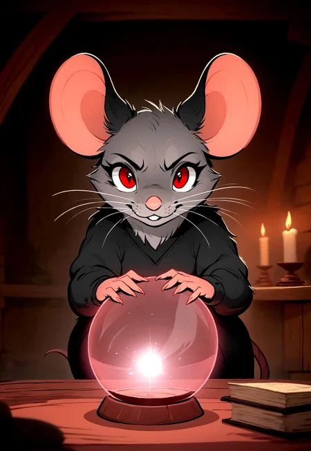 score_9, score_8_up, score_7_up, score_6_up, score_5_up, score_4_up,
[][][]
(((mouse))), (feral:1.5), female, solo, (solo), (fluffy), (fluffy cheeks:0.7), (cute)
[][][]
flat color, in the style of Beatrix Potter,
[][][][][]
(black dress), grey fur, black ears, red eyes, (side view:0.8), indoors, cottage, (upper body shot, head focus:1.5), rustic cottage, dark, (magic:1.5), (evil expression:2), (dark, night, nighttime), (looking at viewer), (magic spell), candles, hud_cryst4l_b4ll, glowing, ((crystal ball, orb)), upper body, table,