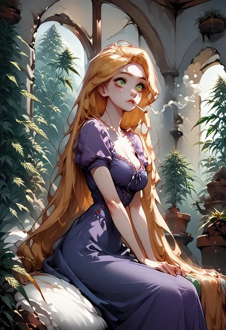 Score_9_up, score_8_up, score_7_up, 1mg1mg, pureerosface_v1, Expressiveh, Rapunzel is sitting in a round stone tower room on a faded blue beanbag by the window. She has a vwey satisfied look on her face. Her eyes are half closed. Her hair is trailing and draped across objects in the room. An arched stone window is opem behind her. ((She is smoking a cigarillo and ((blowing smoke rings)). smoke coming out of the mouth))The room is overflowing with potted ((marijuna plants)) in varying sizes and colors. Large_stone wall, castle window, purple dress, downblouse, puffy sleeves, very long hair, blonde, green eyes, marijuana, plant, leaf, potted plant,
