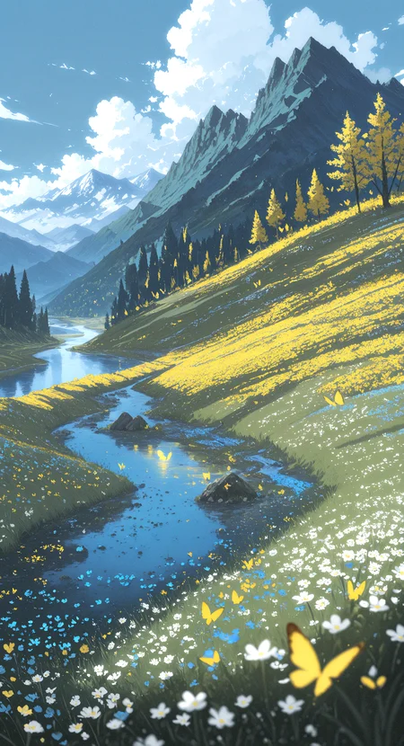 masterpiece, best quality, good quality, very awa, newest, highres, absurdres, flower, outdoors, sky, day, cloud, water, blurry, blue sky, tree, no humans, depth of field, white flower, grass, cloudy sky, bug, butterfly, scenery, nature, blue flower, blurry foreground, yellow flower, rock, mountain, field, river, mountainous horizon, landscape, hill, yellow butterfly, limited palette, h4ra_illu <lora:illustriousXL_stabilizer_v1.23:0.3> <lora:NOOB_vp1_detailer_by_volnovik_v1:0.3> <lora:ponyv6_noobE11_2_adamW-000017:0.3> <lora:114558v4df2fsdf5:0.6> <lora:XXX667:0.4> <lora:mon_monmon2133:0.5> <lora:hara_id_21:0.6>