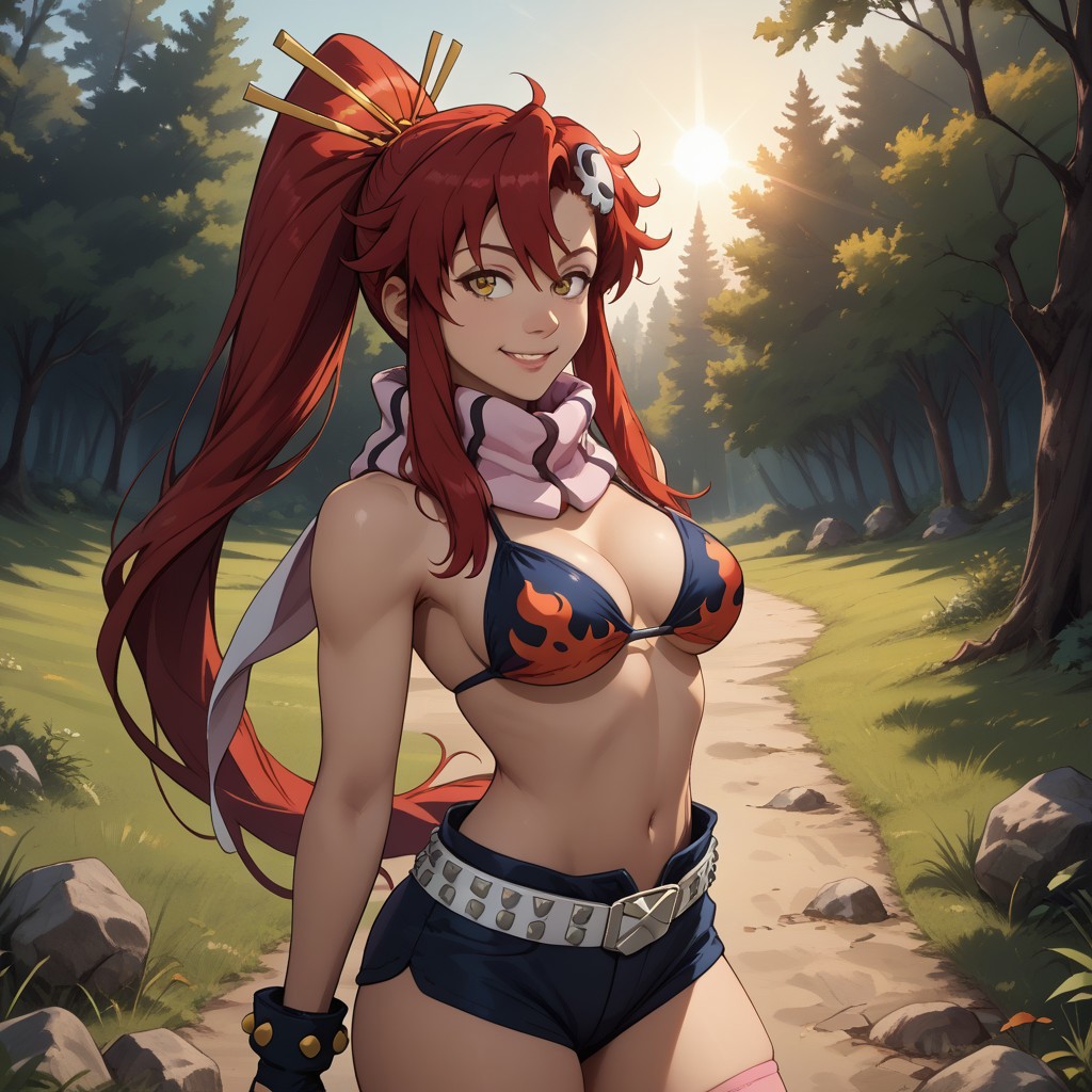 score_9, score_8, BREAK, solo, 1girl, Yoko Littner, red hair, long hair, ponytail, skull hair ornament, yellow eyes, bikini top only, flame print, black short shorts, stripped scarf, belt, asymmetrical gloves, fingerless gloves, pink thighhighs, white footwear, sidelocks, studded bra, sexy pose, self portrait, smile, outdoors, sunlight, shadows, evening lighting, natural lighting, forest, trees, grass, orange sky, sunset