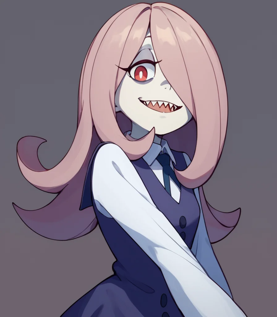 <lora:Sucy_Manbavaran_Little_Witch_Academia__-_Pony:1> , sucymanbavaran, hair covering one eye, luna nova school uniform, school uniform, red eyes, mauve hair, looking at viewer, cute, pinup, 1girl, solo, simple background, looking at viewer, cowboy shot, sharp teeth,, score_9, score_8_up, score_7_up,