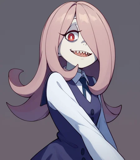 <lora:Sucy_Manbavaran_Little_Witch_Academia__-_Pony:1> , sucymanbavaran, hair covering one eye, luna nova school uniform, school uniform, red eyes, mauve hair, looking at viewer, cute, pinup, 1girl, solo, simple background, looking at viewer, cowboy shot, sharp teeth,, score_9, score_8_up, score_7_up,