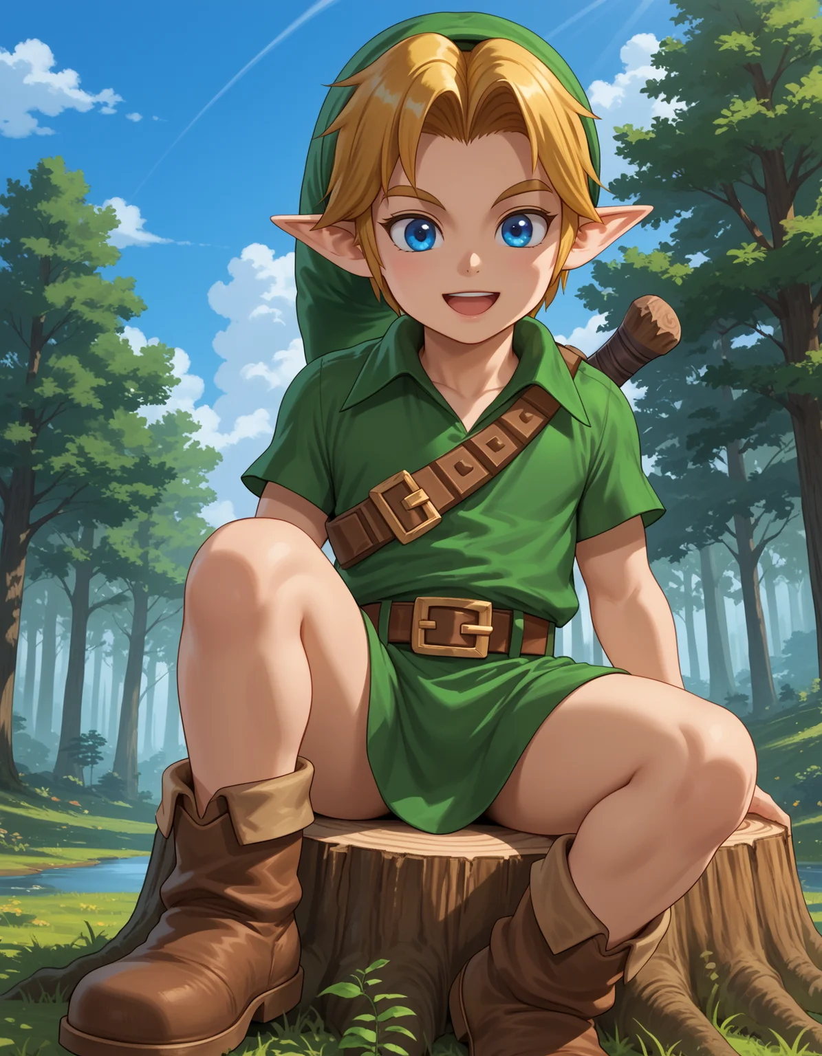 score_9, score_8_up, score_7_up, source_anime,perfect face, detailed, intricate details, highres, absurdres
BREAK
YLink, 1boy,young, solo,sitting on stump, thighs,green hat, blonde hair, pointy ears, blue eyes, green tunic, brown belt, brown boots,
smile,open mouth,
forest,sunshine, blue sky, clouds, nature
BREAK
<lora:Young_Link_The_Legend_of_Zelda:1> , <lora:add-detail-xl :1>