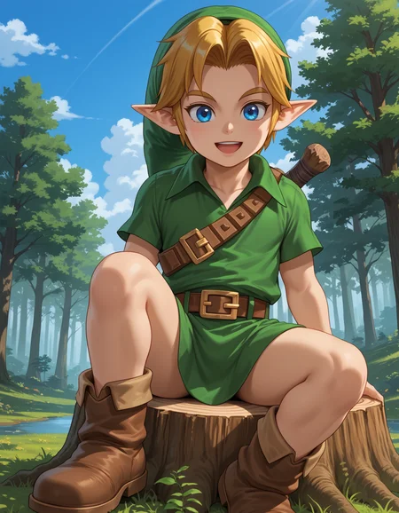 score_9, score_8_up, score_7_up, source_anime,perfect face, detailed, intricate details, highres, absurdres
BREAK
YLink, 1boy,young, solo,sitting on stump, thighs,green hat, blonde hair, pointy ears, blue eyes, green tunic, brown belt, brown boots,
smile,open mouth,
forest,sunshine, blue sky, clouds, nature
BREAK
<lora:Young_Link_The_Legend_of_Zelda:1> , <lora:add-detail-xl :1>