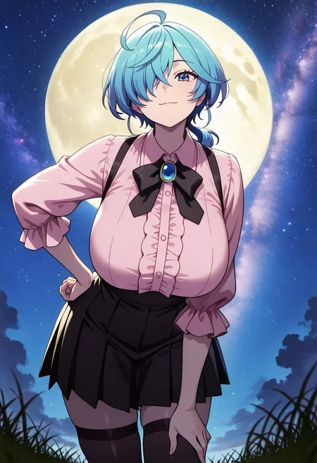 medium depth of field, rule of thirds, masterpiece-level, clean lines, sharp, focused subject, minimalistic composition, masterpiece, amazing quality, best quality, anime screencap, detailed face, detailed eyes, detailed outfit, face focus, 
general,highres, ultra-detailed,very aesthetic,best quality ,best hands, perfect anatomy,detailed,
BREAK 1girl, solo, Isemi Tina,blue eyes,low ponytail,one eye covered,blue hair,ahoge,
jirai kei ,pink shirt,black skirt,thighhighs,
from front, from below, cowboy shot,
standing, leaning forward, hand on own hip, happy, light smile, looking at viewer,
(Clifftop, grass, moon,
outdoors, night sky, strarry sky, milky way, scenery),