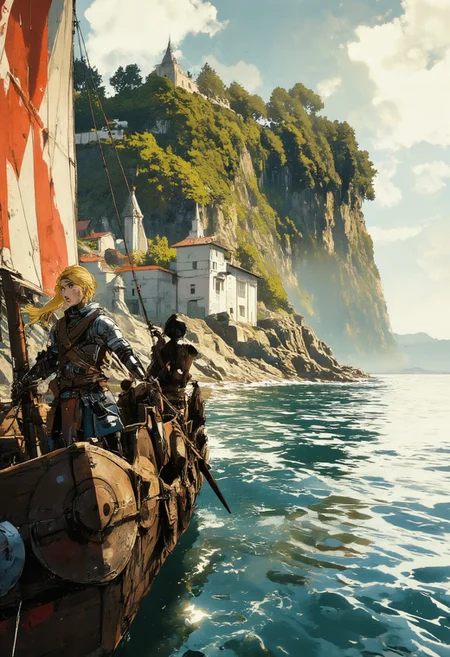 Close up shot. Image is a high resolution anime style artwork featuring a beautiful viking female character on a longship in the middle of the sea. She is surrounded by tall bearded dark-skinned men. Off in the distance is a beautiful and serene island with a rural village. At the front of the viking longship is the female viking clad in simple chainmail armor with a red and white striped talbard over it and a fur cloak. She has an exotic braided blond hairstyle with brown eyes. Her expression is a sinister one of a yandere. The longship has different colorful round shields along the side of it with a striped red and white sail. In the background is fog, a small village, open ocean, grassy island, small monestary, <lora:RealAnimeFLUX:0.9> <lora:RM_Illustrify_v1.0MFLUX:0.5>